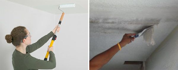 Если потолок покрыт известковой побелкой, то этот слой нужно снять