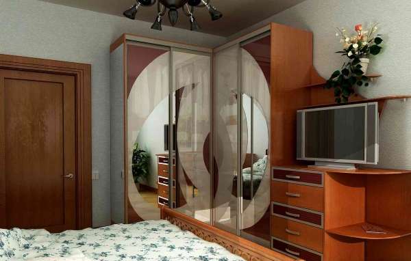 Красивые шкафы купе для спальни - фото угловой модели с телевизором