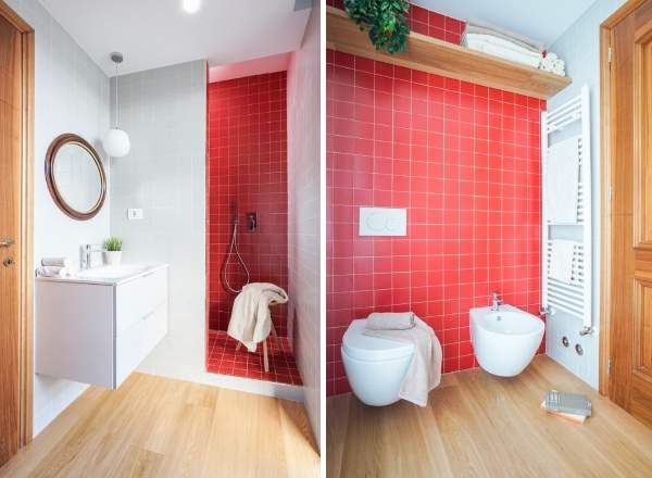 Как красиво сделать ванную комнату - фото плитки красного цвета