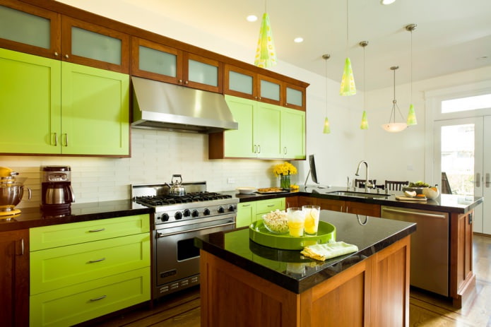  зелено-коричневое оформление кухонного гарнитура