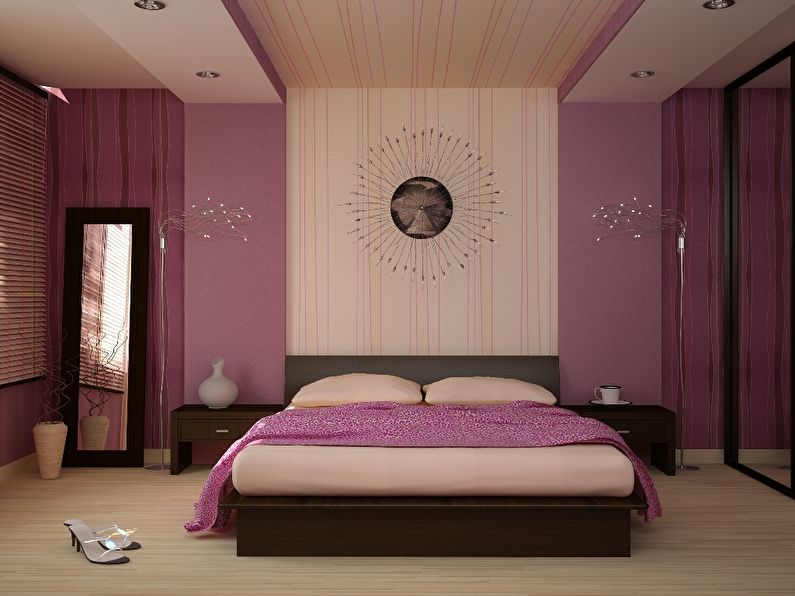 Интерьер современной спальни с двумя разновидностями обоев