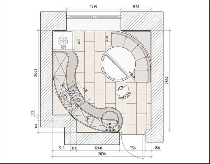 Схема планировки квадратной кухни площадью около 9 кв метров