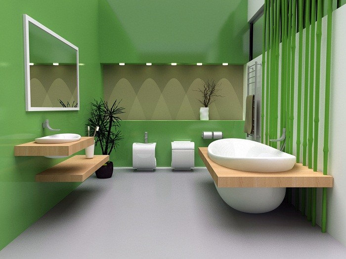 Ярко-зеленые стены в ванной частного дома