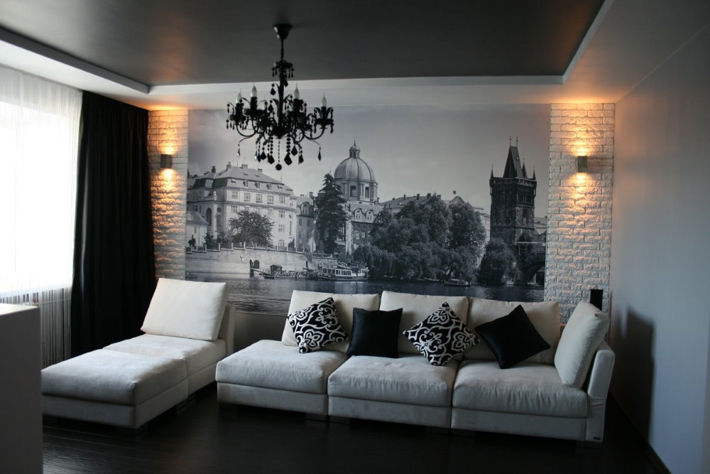 Декор фотообоями стены над диваном