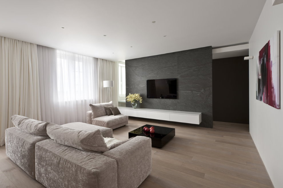Прямой диван в зале квартиры стиля минимализма