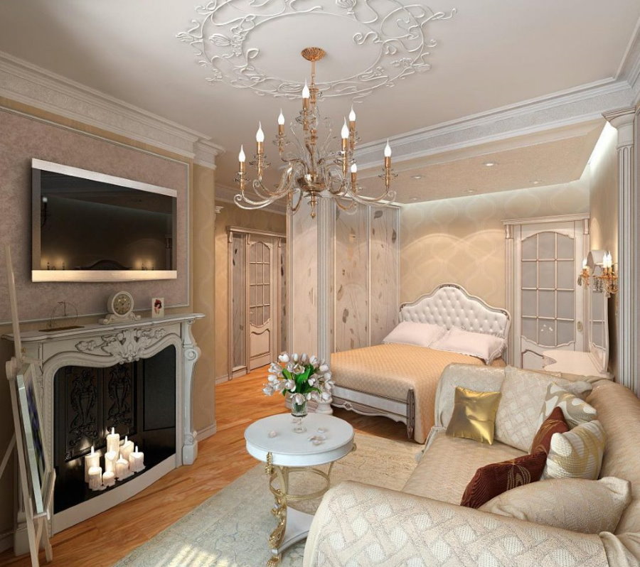 Декоративный камин в спальне-гостиной классического стиля