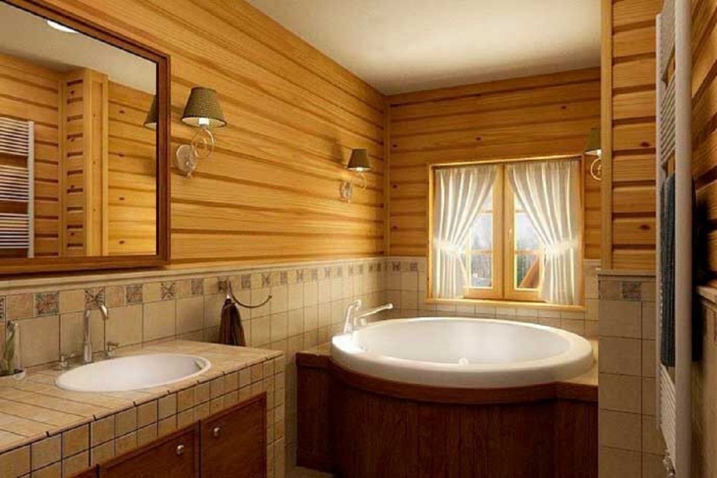 Комбинированная отделка стен в ванной деревянного дома