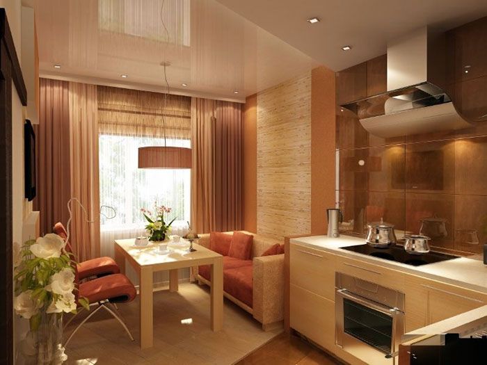 Фото дизайна угловой кухни с мягкой мебелью в комнате 10 м²