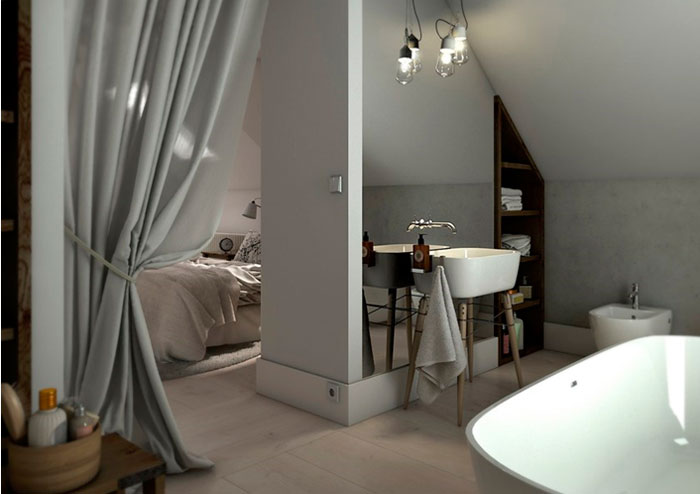 Дизайн спальни с ванной комнатой