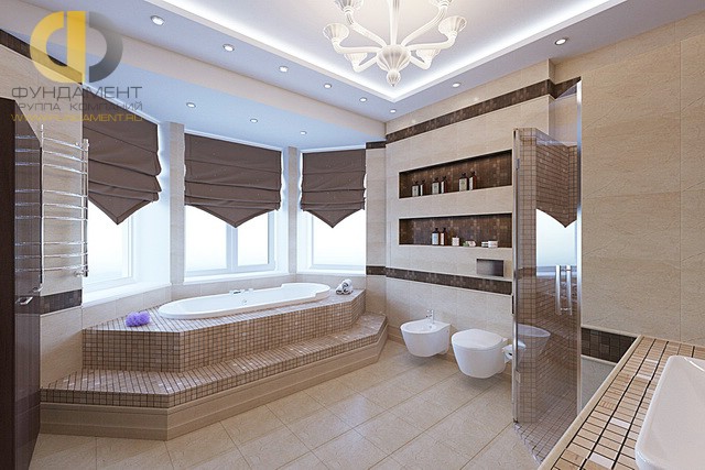 Отделка ванной комнаты плиткой: фото. Дизайн ванной с подиумом в эркере