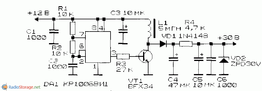 Преобразователь напряжения со стабильными 30В схема