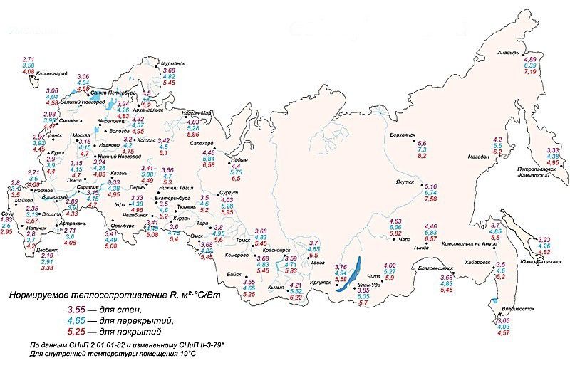 Карта-схема для определения нормированного значения сопротивления теплопередаче для своего региона