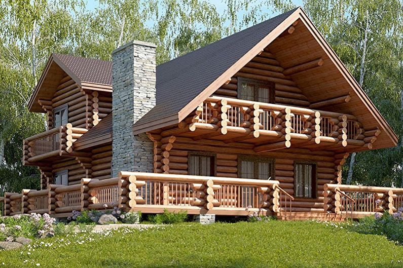 Современные проекты домов из сруба - Дом из оцилиндрованного бревна в стиле шале